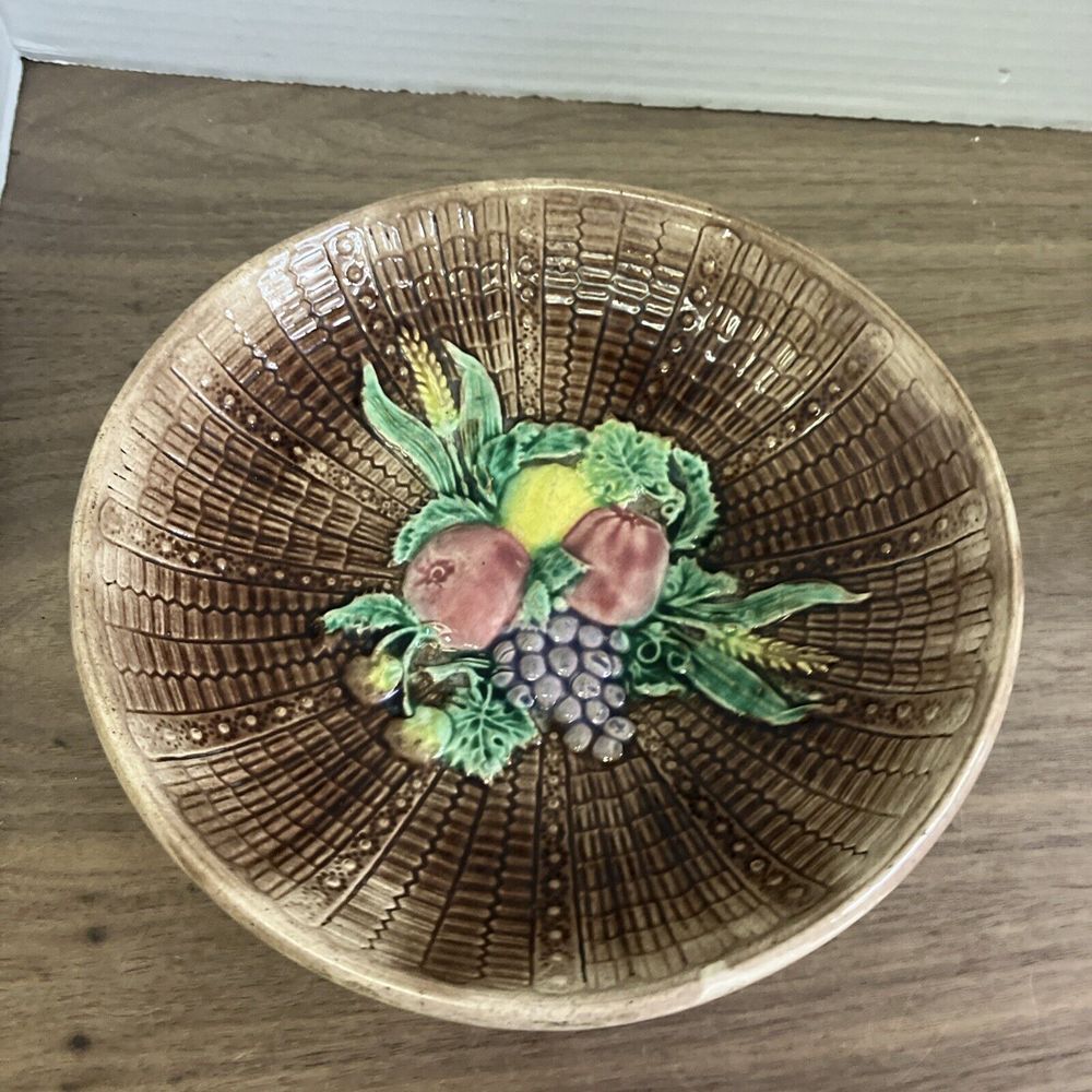 Vintage‎ Majolica Basket Weave Bowl With Fruit Pattern 1890's French